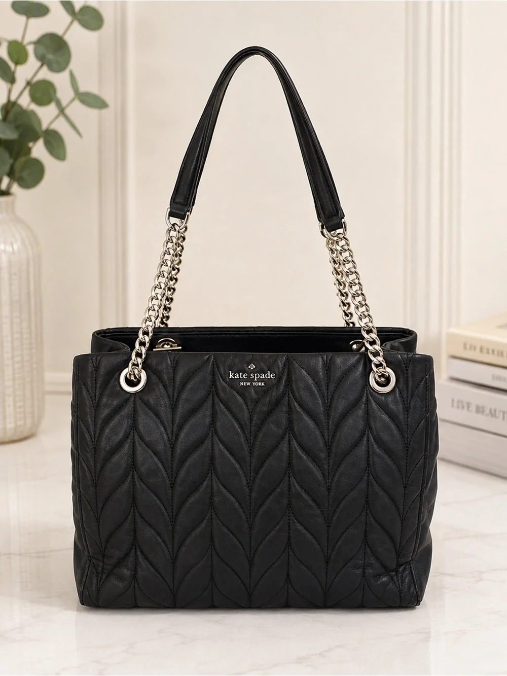 Kate Spade Black Quilted Leather Chain Shoulder Tote Bag Work Laptop bag